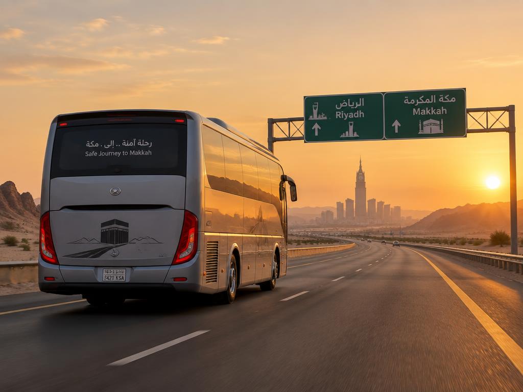 حافلة عمرة على طريق الرياض مكة عند الغروب